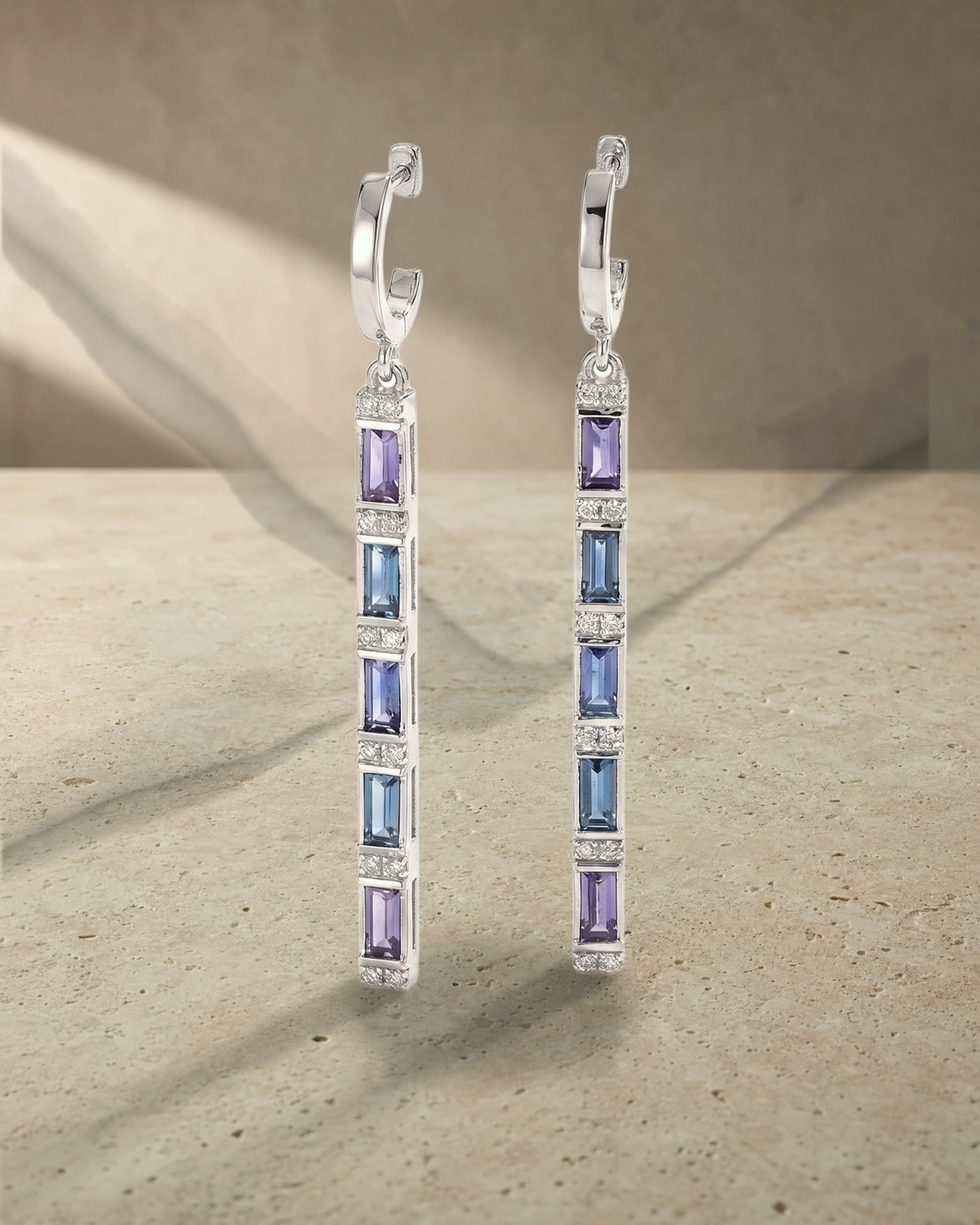 Rainbow - Sapphire, Iolite & London Blue Topaz Baguette Long Earrings — styled
