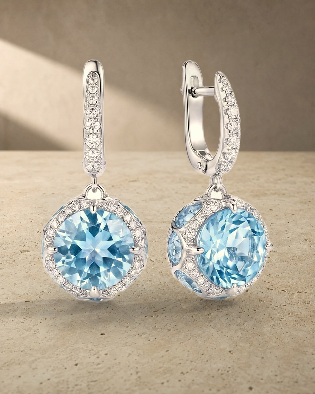 Sky Blue Topaz Hidden Halo 14 Topaz Trillion Cut & Diamond Earrings — styled
