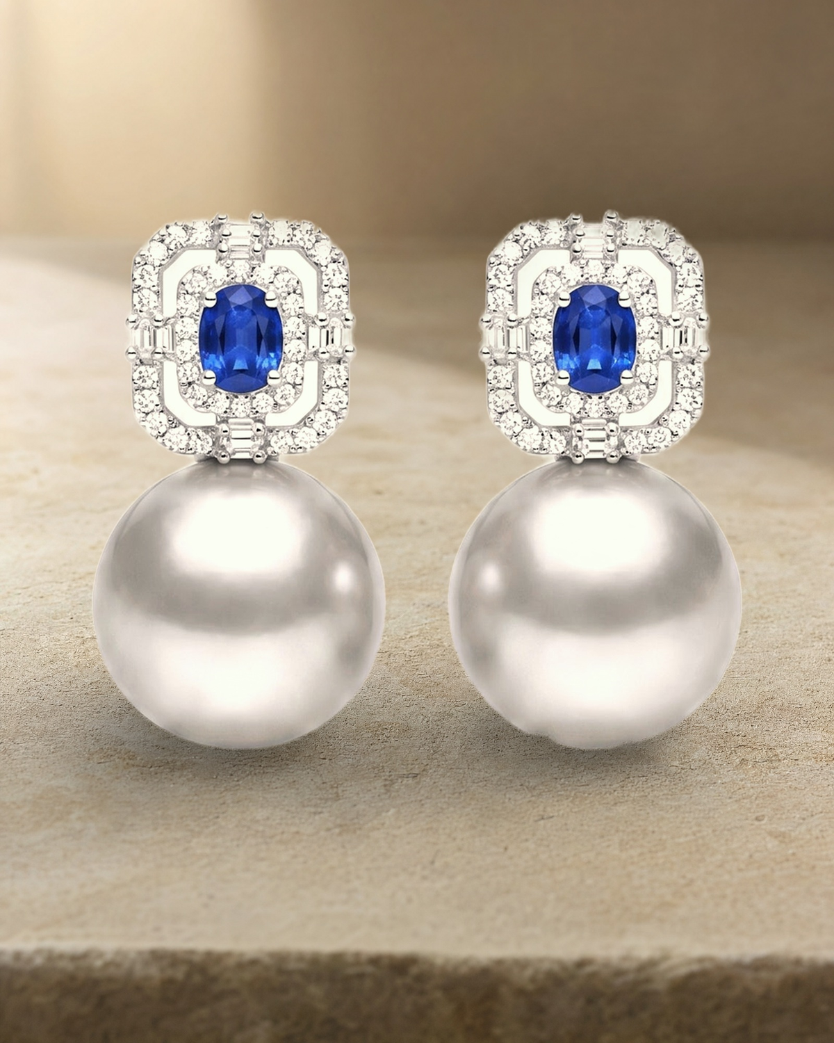 South Sea Pearl Sapphire & Diamond Drop Earrings — styled