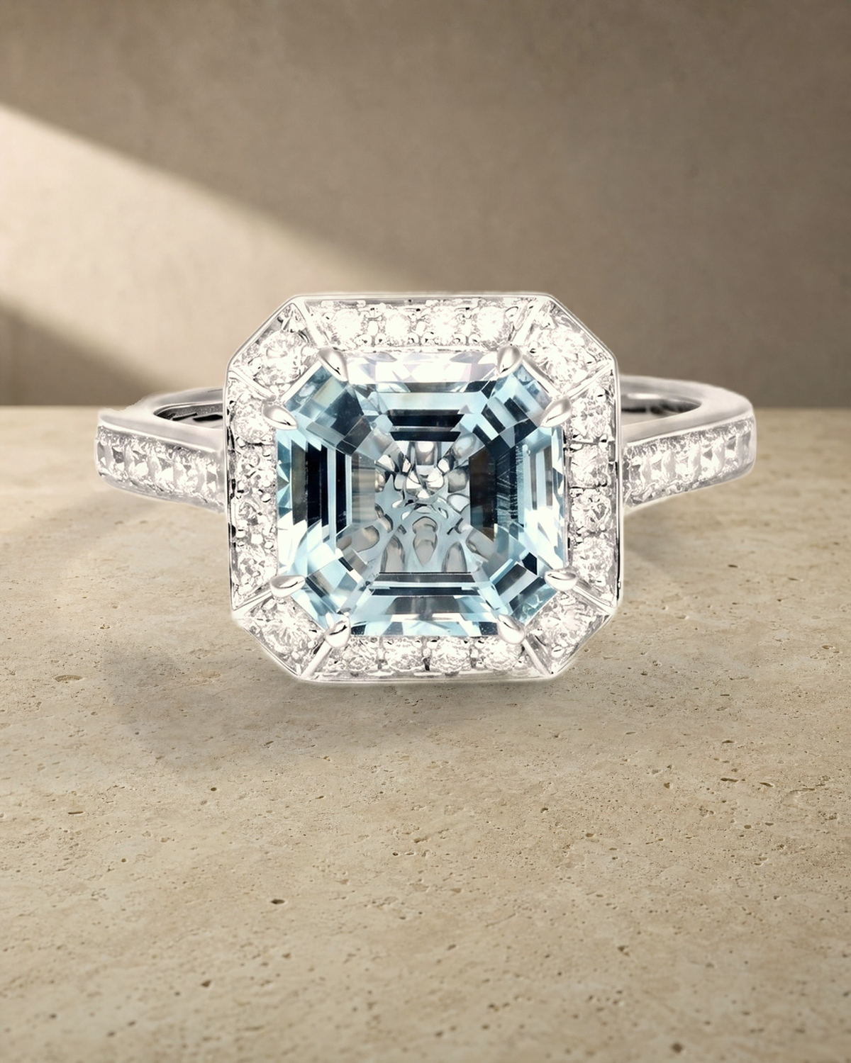 Square Set in Aquamarine & Diamond Ring — styled