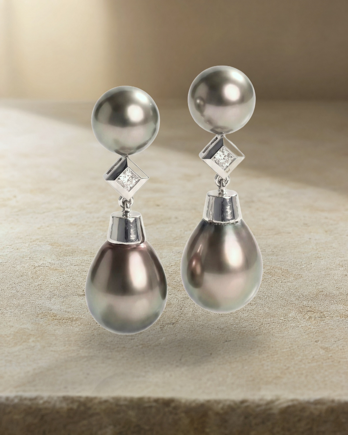 Tahitian Pearl and Princess cut Diamonds Drop Earrings — styled
