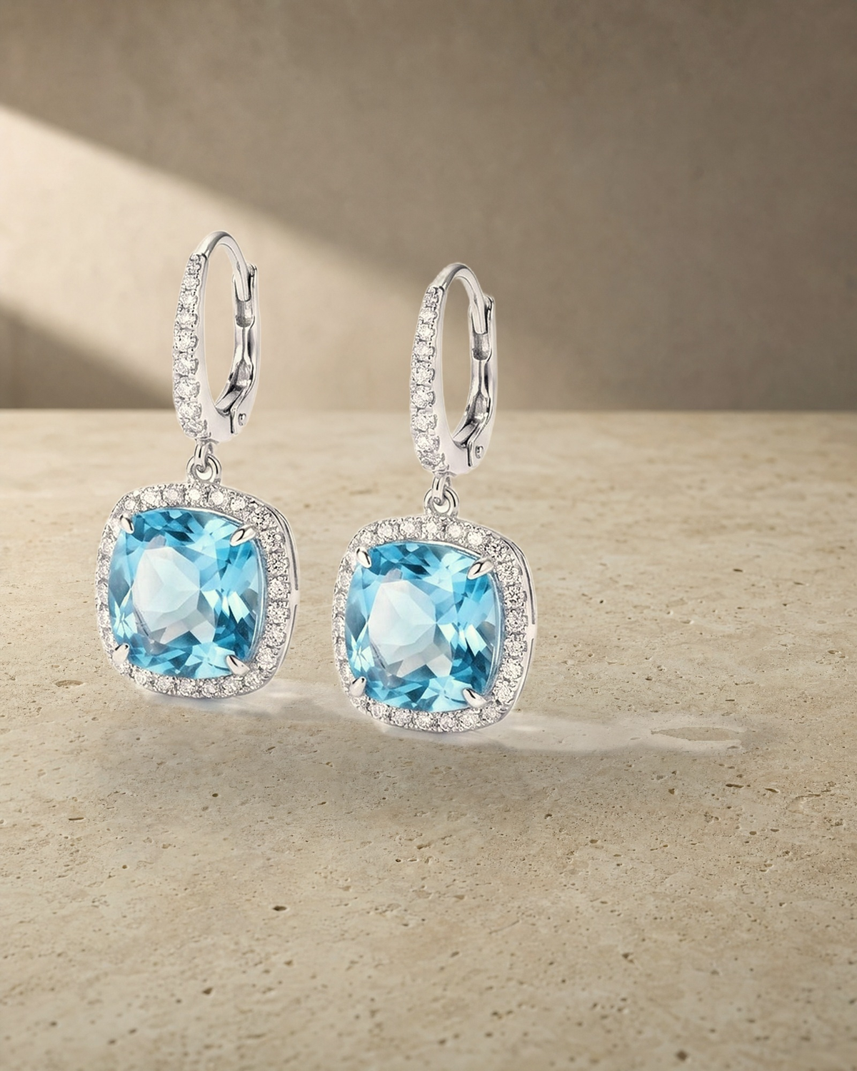 SKY Blue Topaz Square Cushion & Diamond Drop Earrings — styled