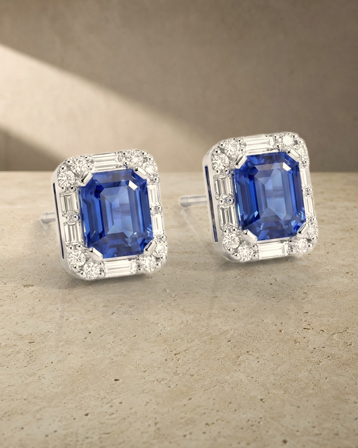 Ceylon Sapphire & Baguette Halo Earrings — styled