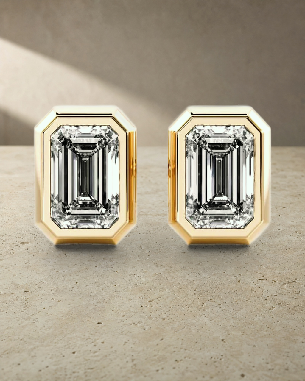 Classic Bezel Emerald Cut Diamond Studs Earrings — styled