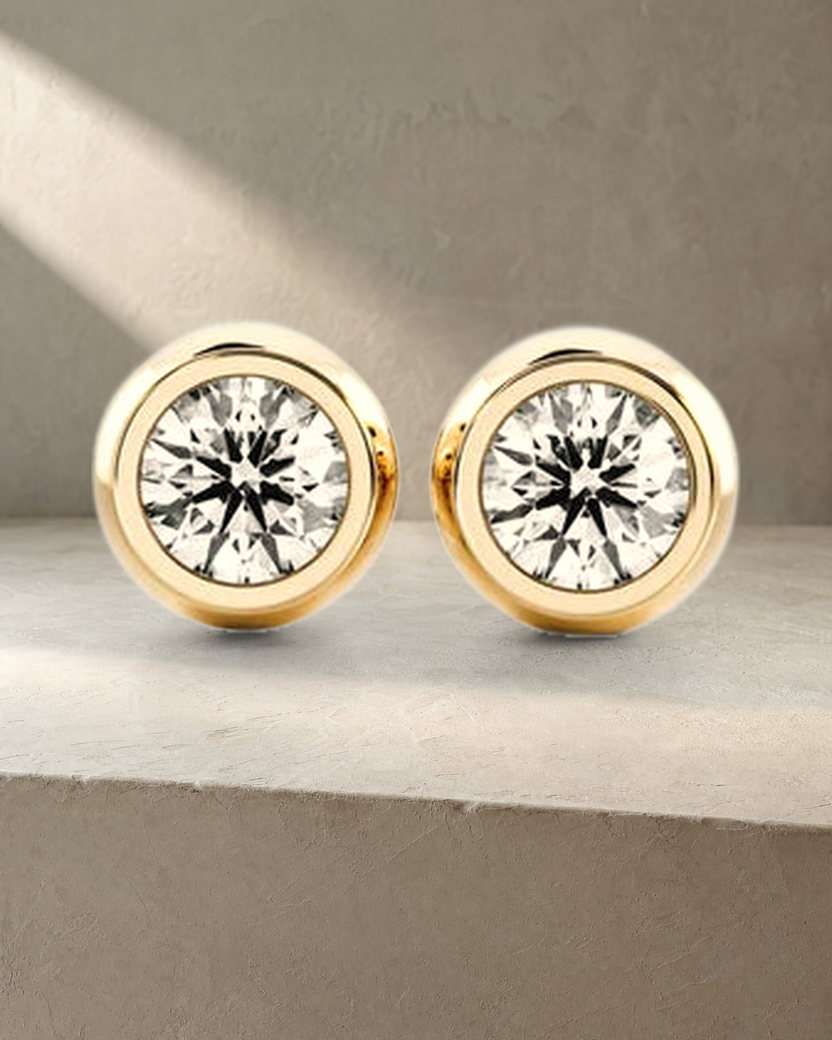 Classic Bezel Round Brilliant Cut Diamond Studs Earrings — styled