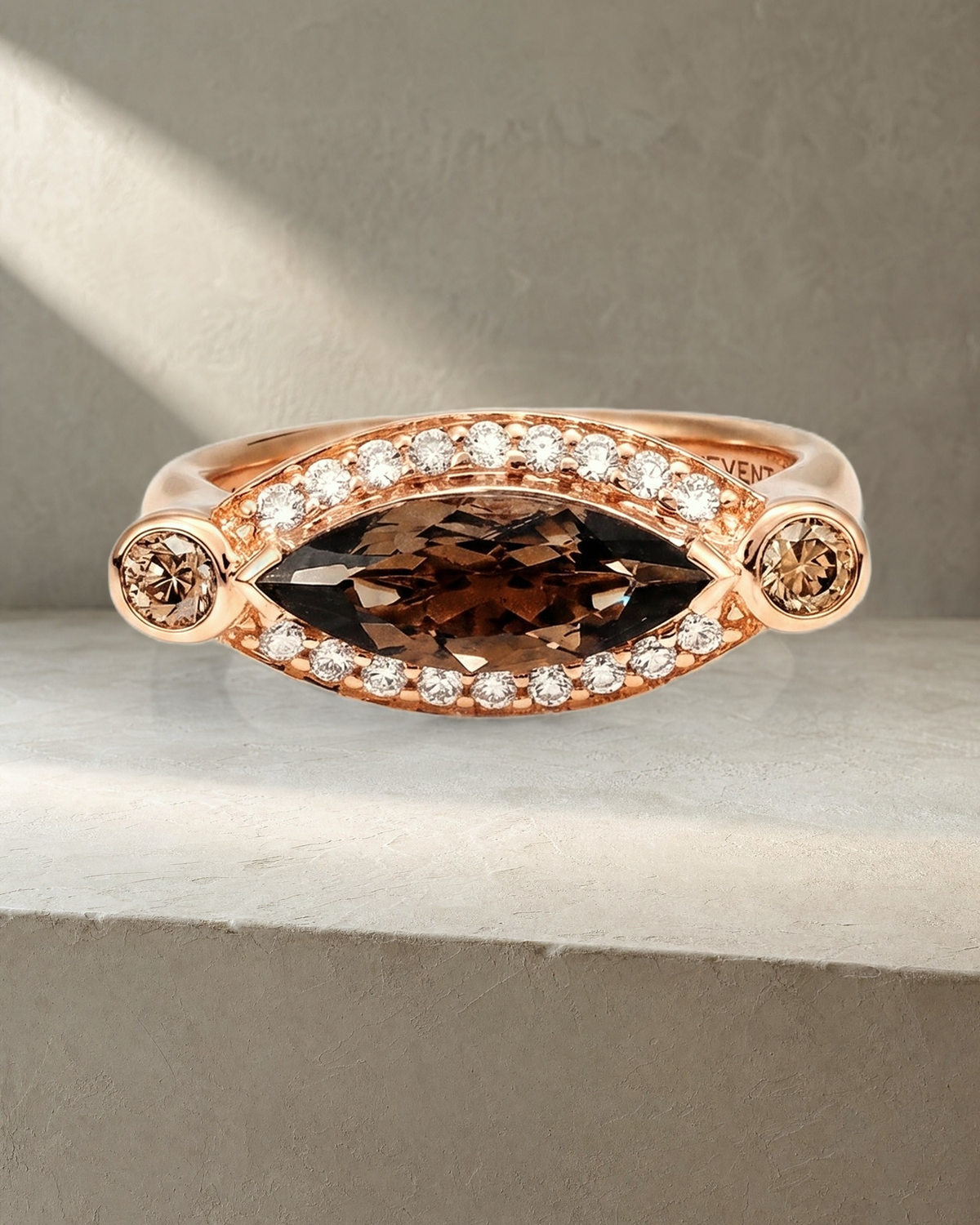 Dark Champagne Diamond Marquise Set East West Signet Ring — styled