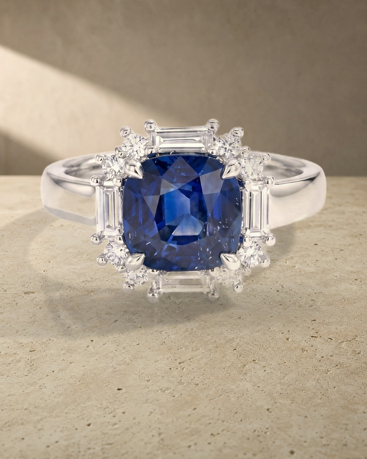 Cushion Cut Blue Sapphire Baguette Halo — styled