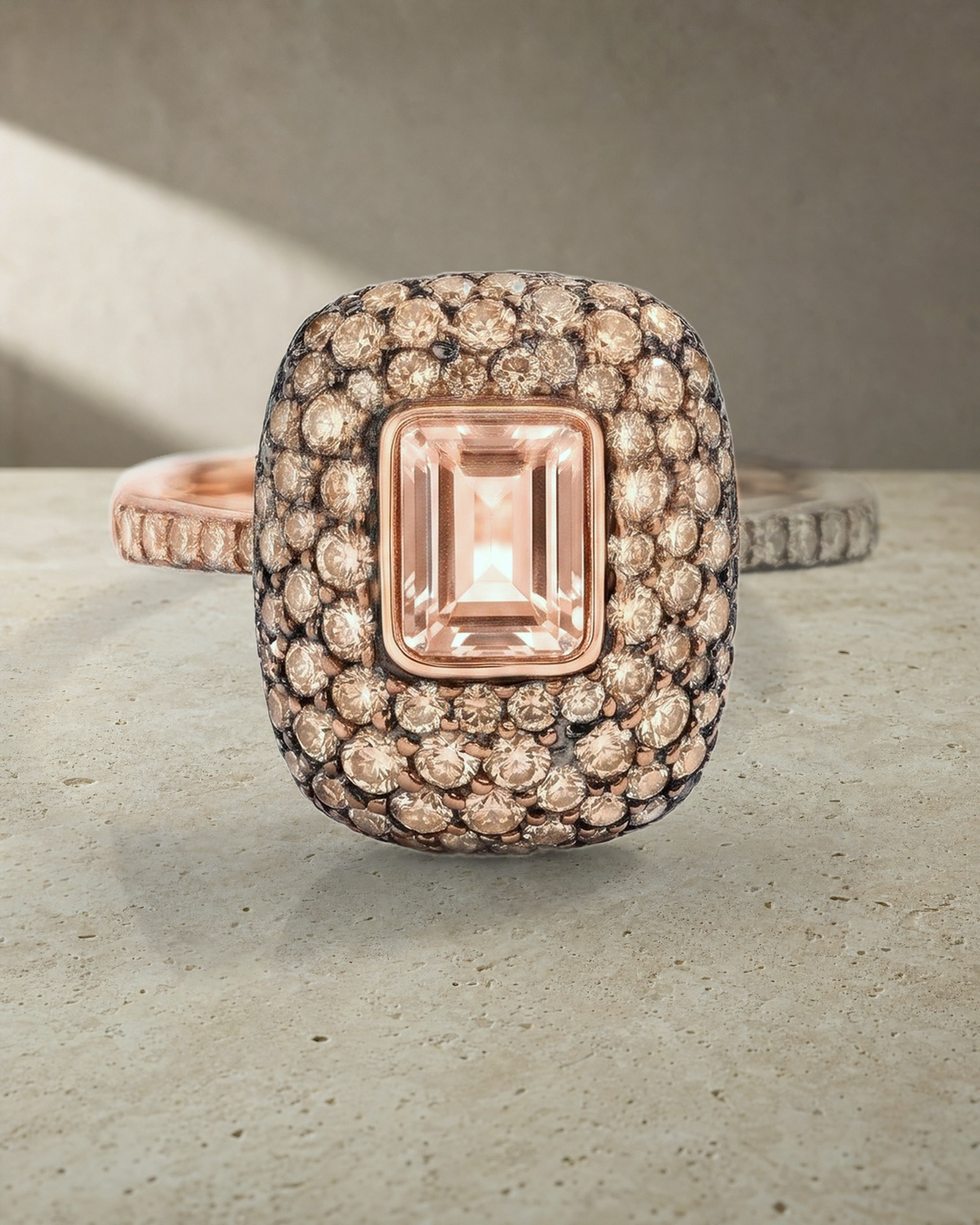 Emerald Cut Morganite & Champagne Diamond Dress Ring — styled