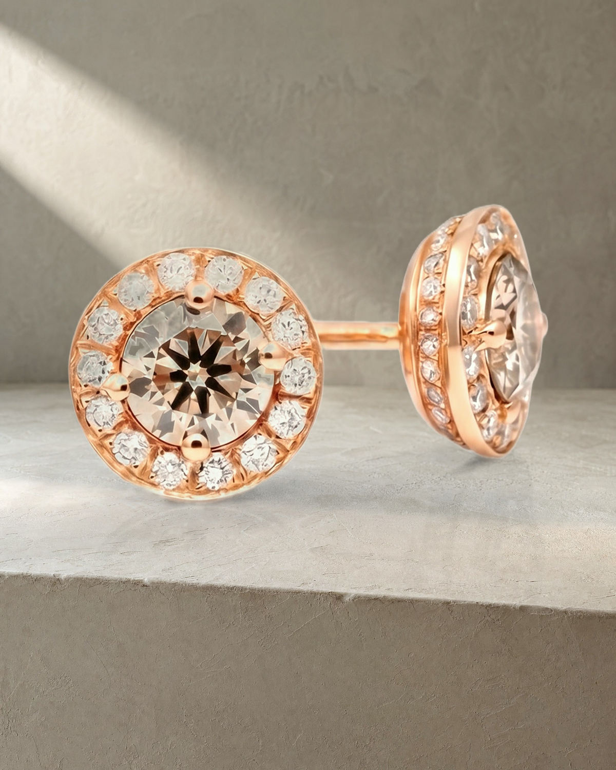 Fancy Cognac Diamond Hidden Halo Earrings — styled