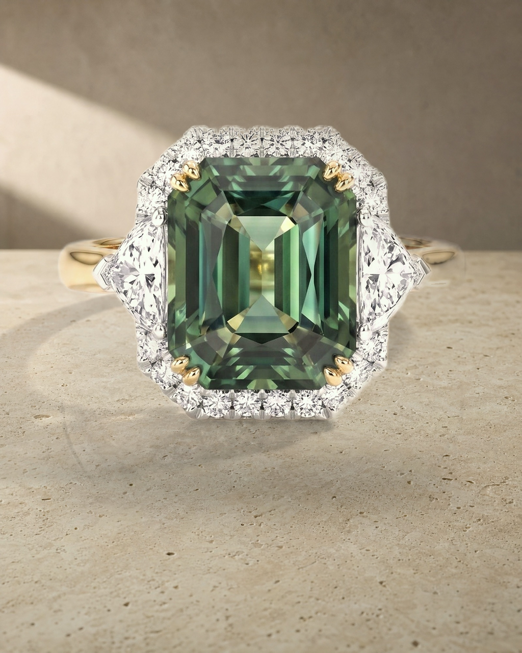 Levendi Classic Trilogy Halo - Radiant Cut Australian Teal Sapphire Engagement Ring — styled
