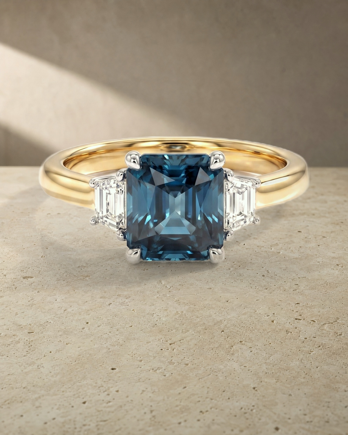 Levendi Classic Trilogy - Radiant Cut Australian Teal Sapphire Engagement Ring — styled