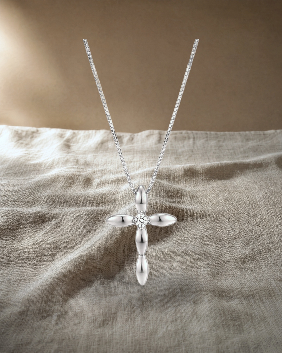 Sophia - Large White Gold Cross and Single Diamond — styled