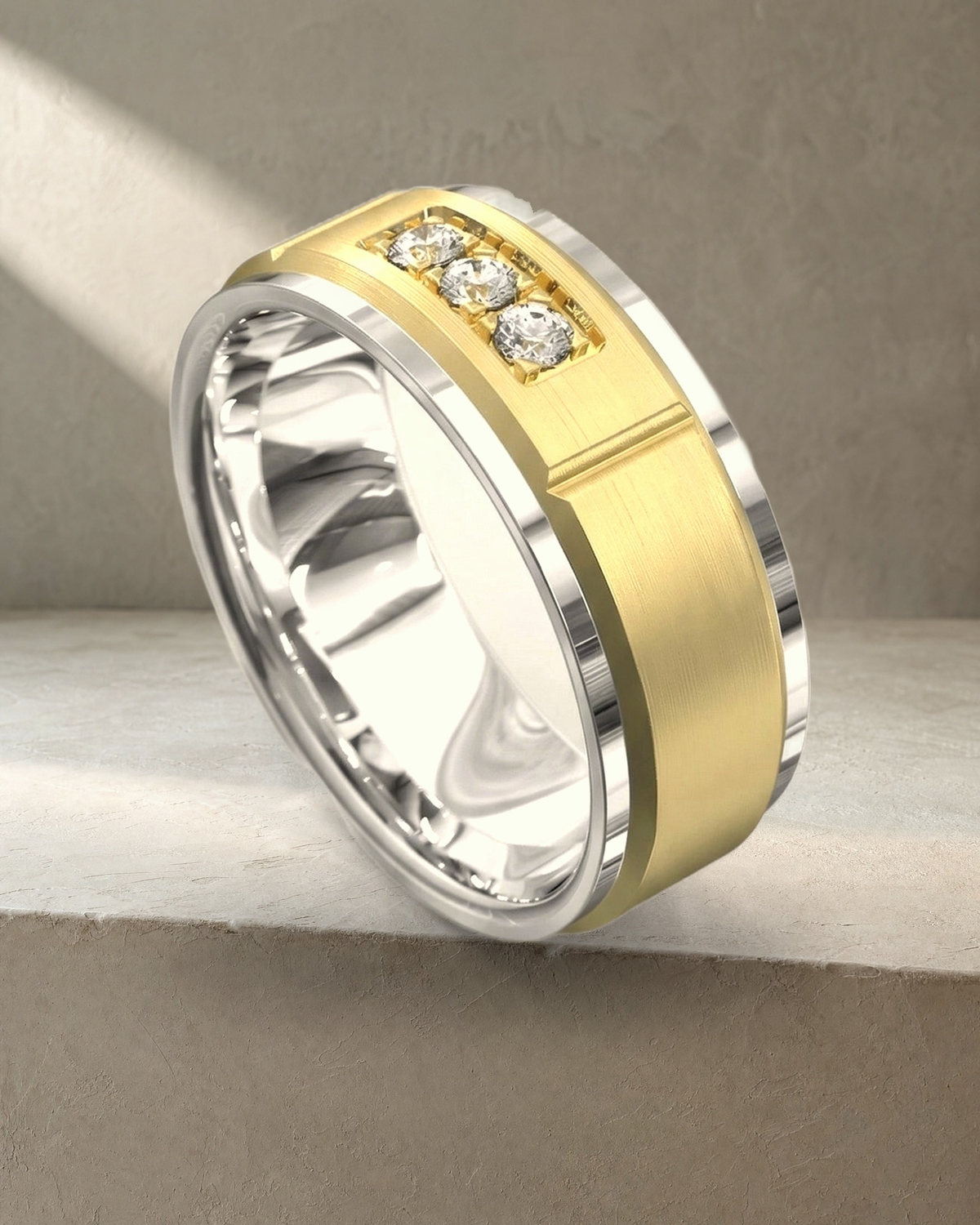 Three Stone Diamond Sett Ring Matt & Polish — styled