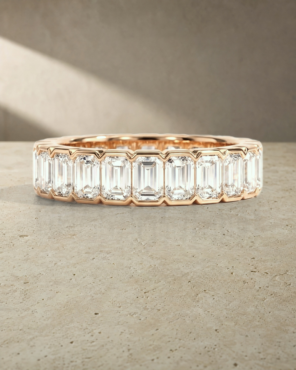 Wedding Band - Eternity Emerald Cut Diamonds Bezel Set — styled