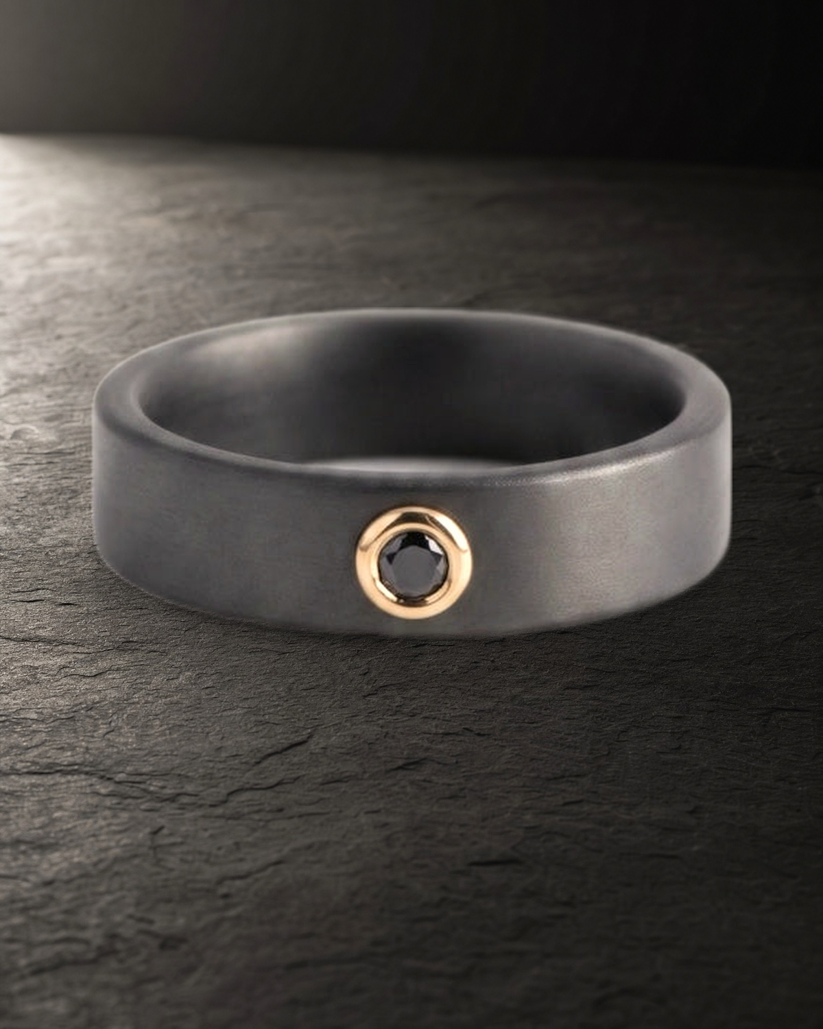Black Ceramic Yellow Gold Single Black Diamond Ring — styled