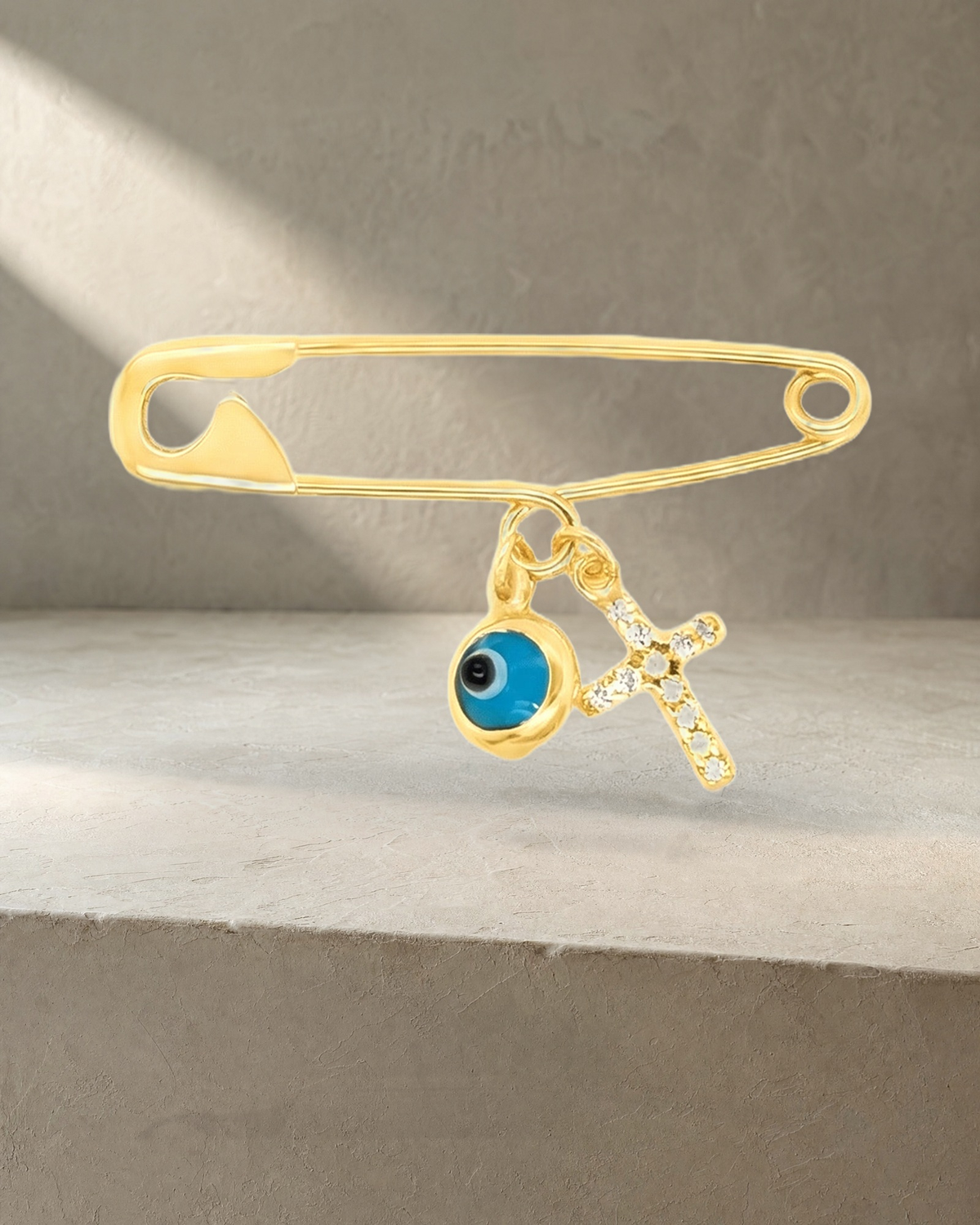 Mini Pin Yellow Gold Evil Eye Diamond Cross — styled