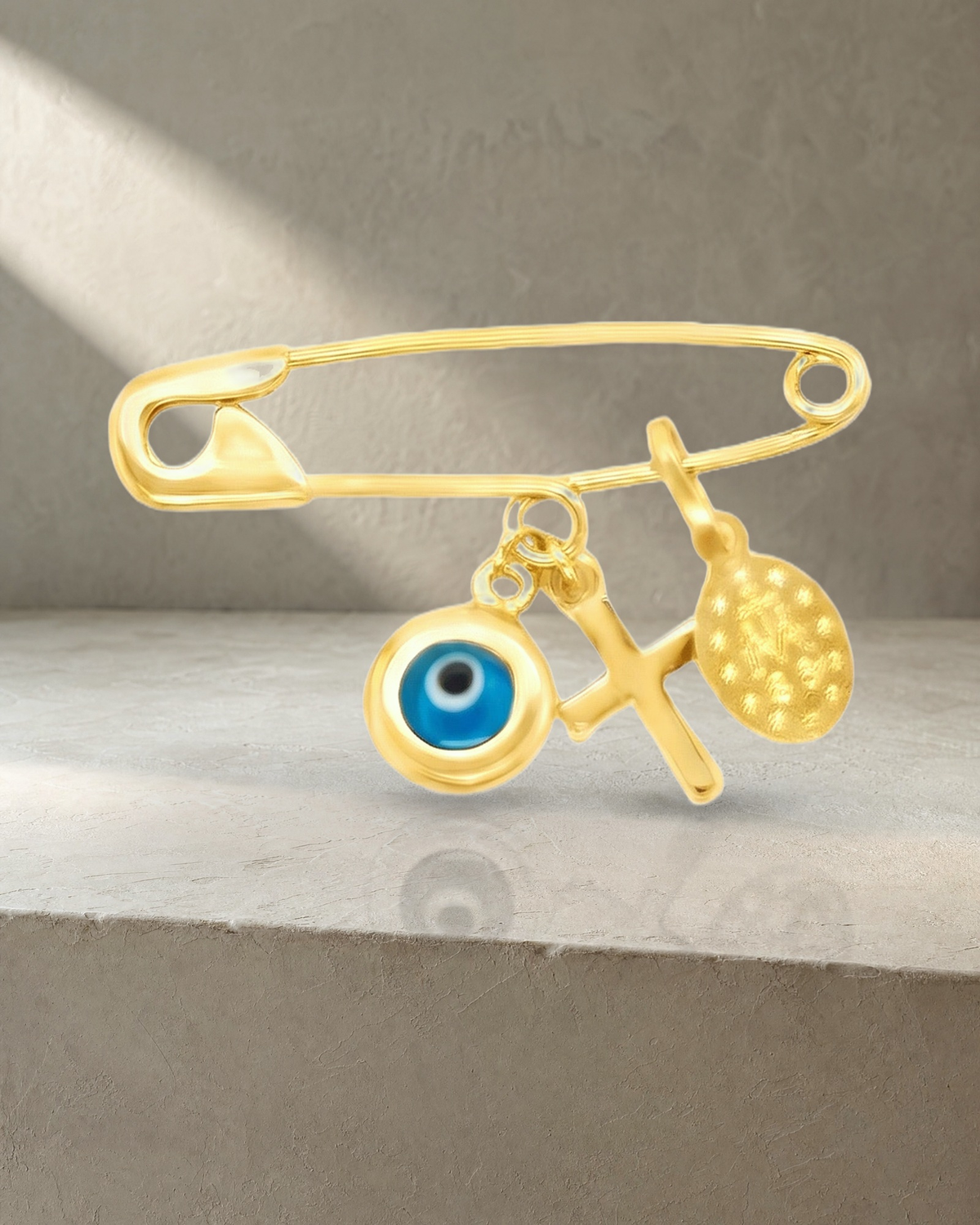 Mini Pin Yellow Gold Evil Eye & Mary Cross — styled
