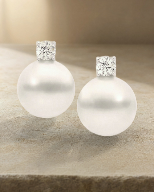 Australian South Sea Pearl - 11 mm Single Diamond Earrings — styled