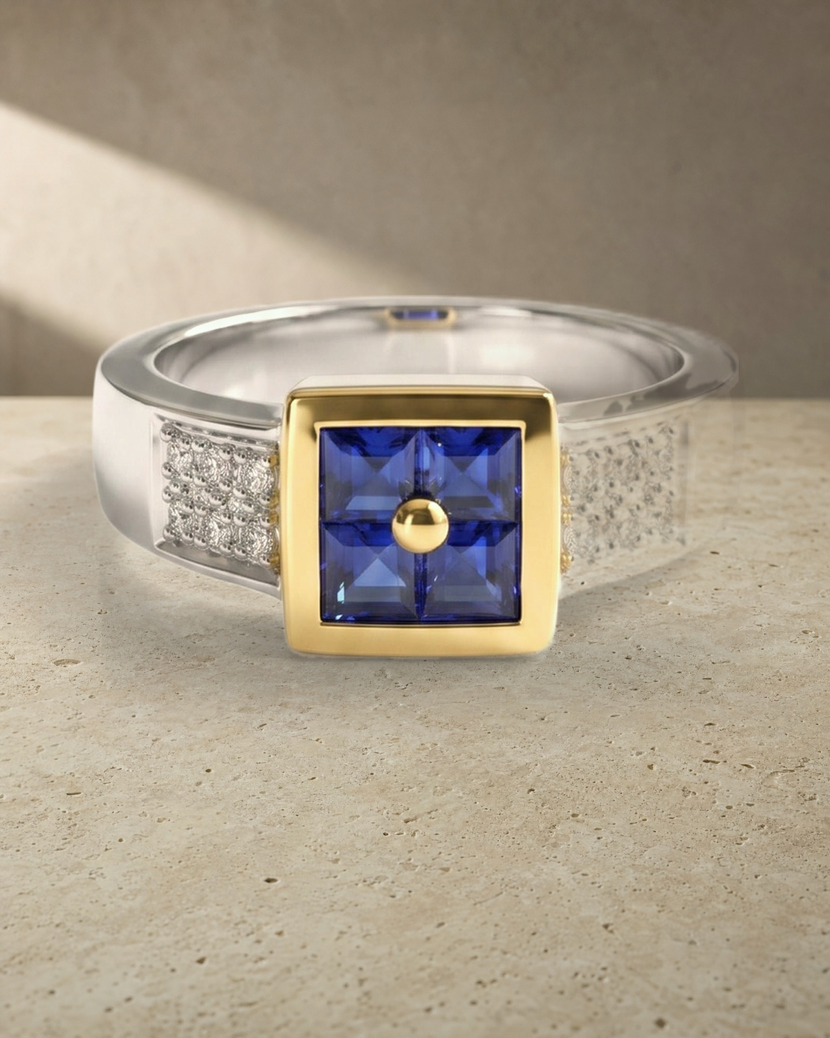 Princess Cut Sapphires Bezel Set Signet Ring — styled