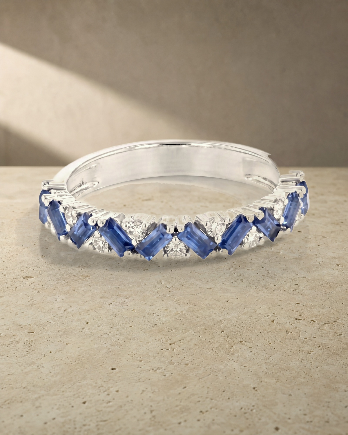 Rainbow - Petite Baguette Blue Sapphire Band — styled