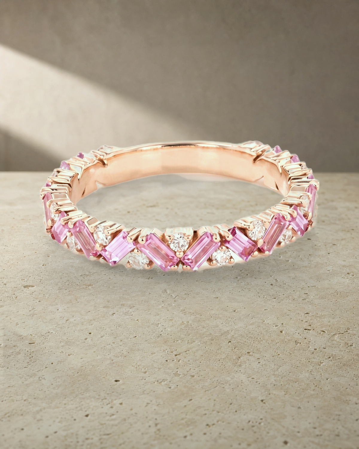 Rainbow - Petite Baguette Pink Sapphire Band — styled