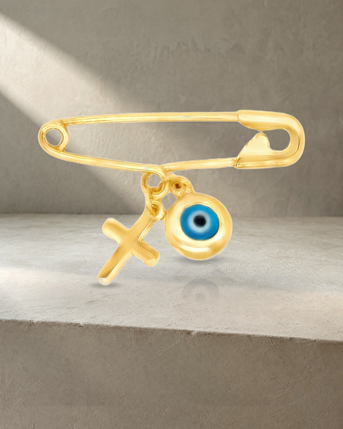 Mini Pin Yellow Gold Evil Eye Cross — styled