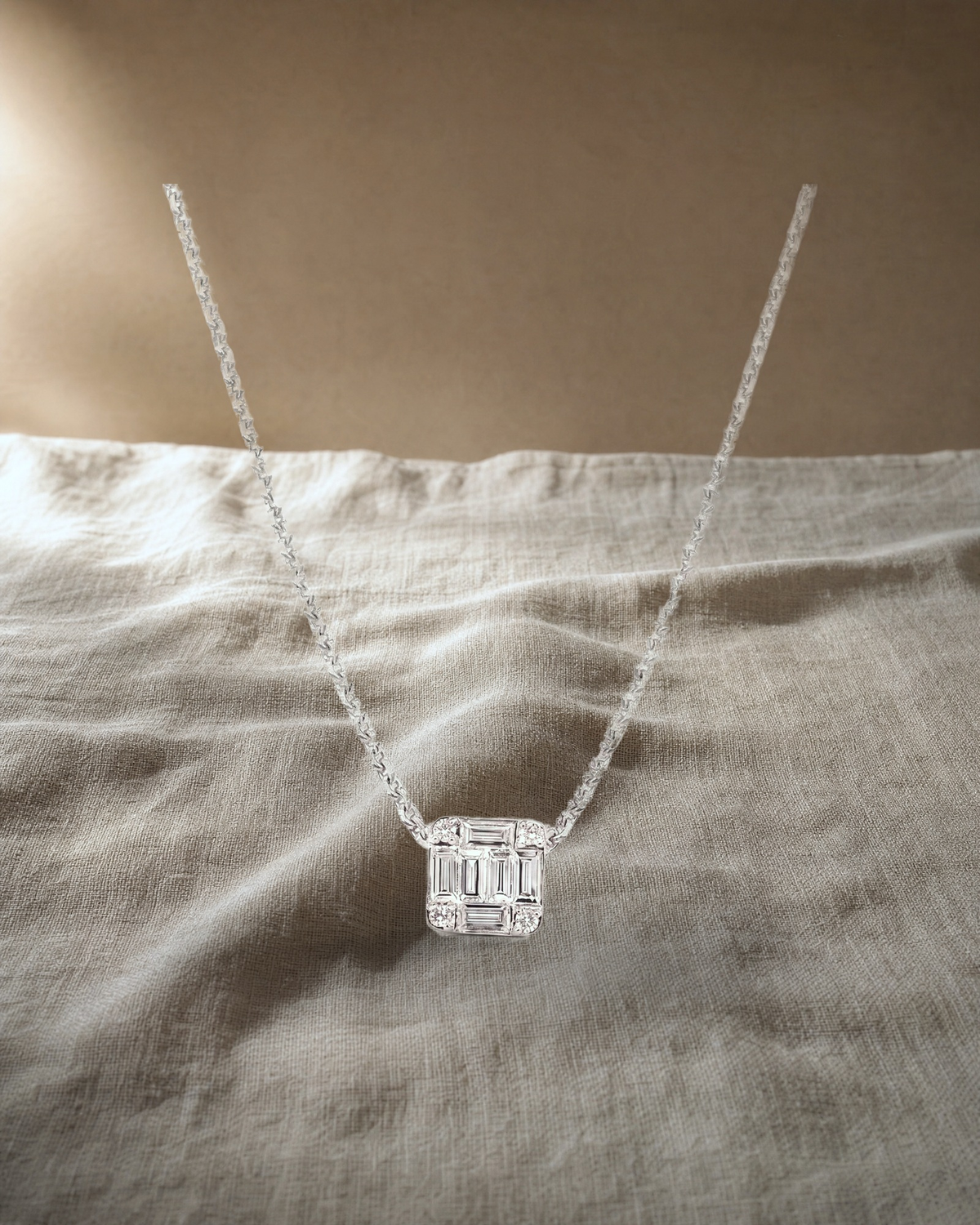 White Gold Diamond Baguette Pendant — styled