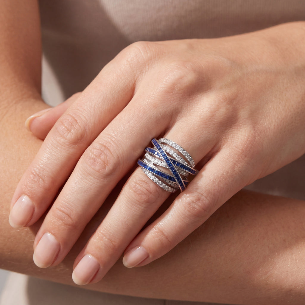 Sapphire & Diamond Crossover Ring, view 2 — Levendi Jewellers