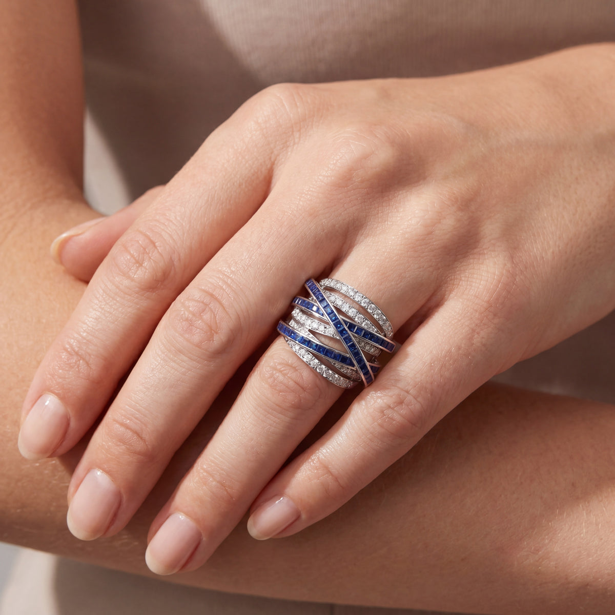 Sapphire & Diamond Crossover Ring, view 2 — Levendi Jewellers
