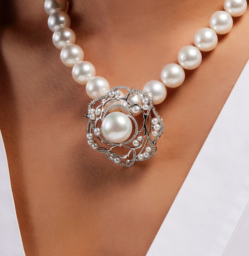 The Camelia - Australian South Sea 16mm Pearl & Diamond Pendant — Levendi Jewellers