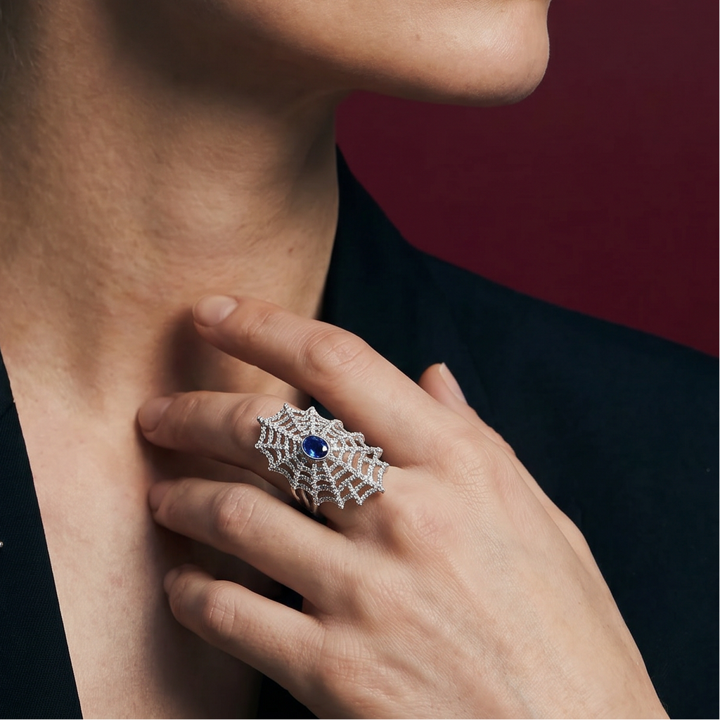 Arachnea Aurea - Web of love Sapphire & Diamond Ring, view 2 — Levendi Jewellers