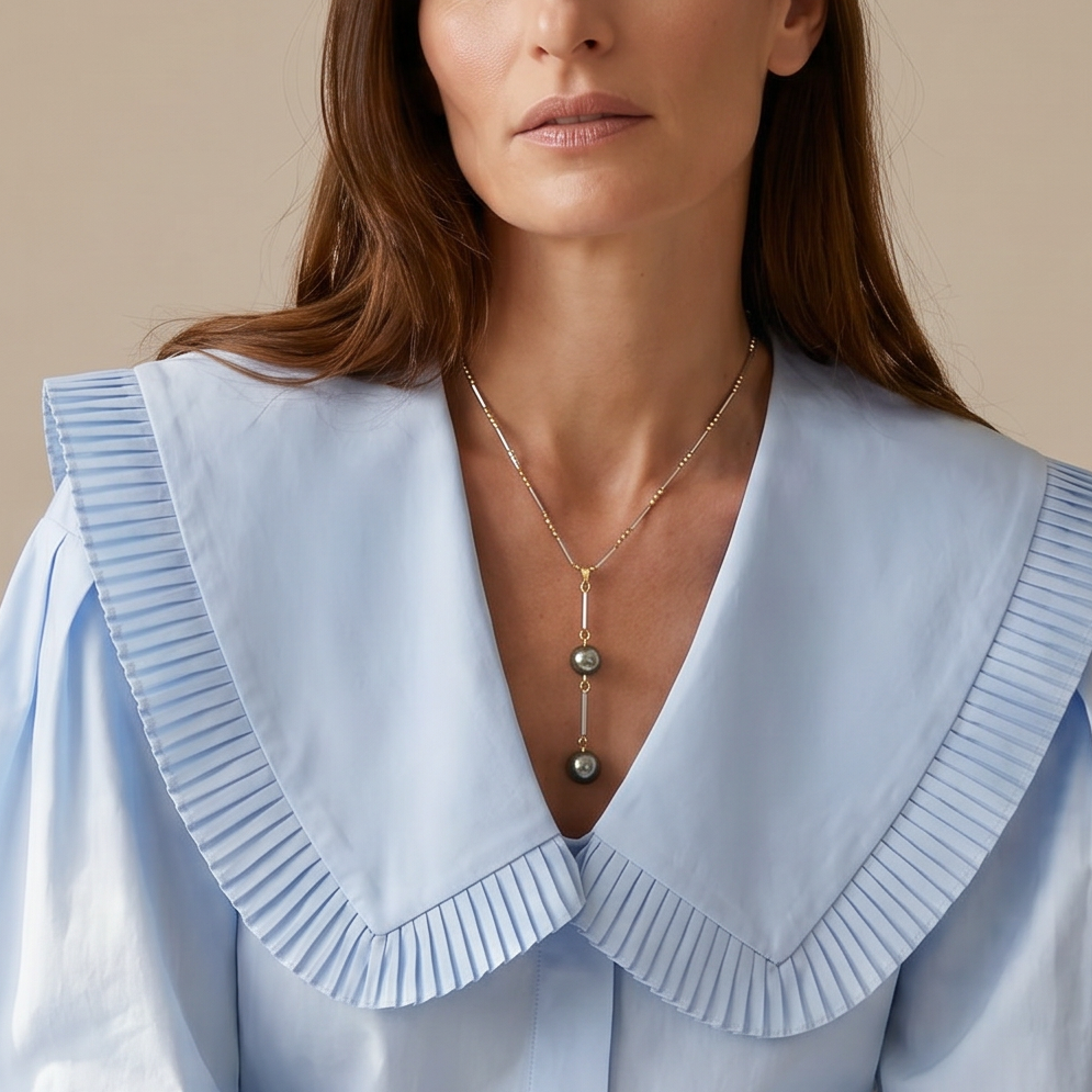 Tahitian Pearls Two Tones Gold Bar Pendant — Levendi Jewellers