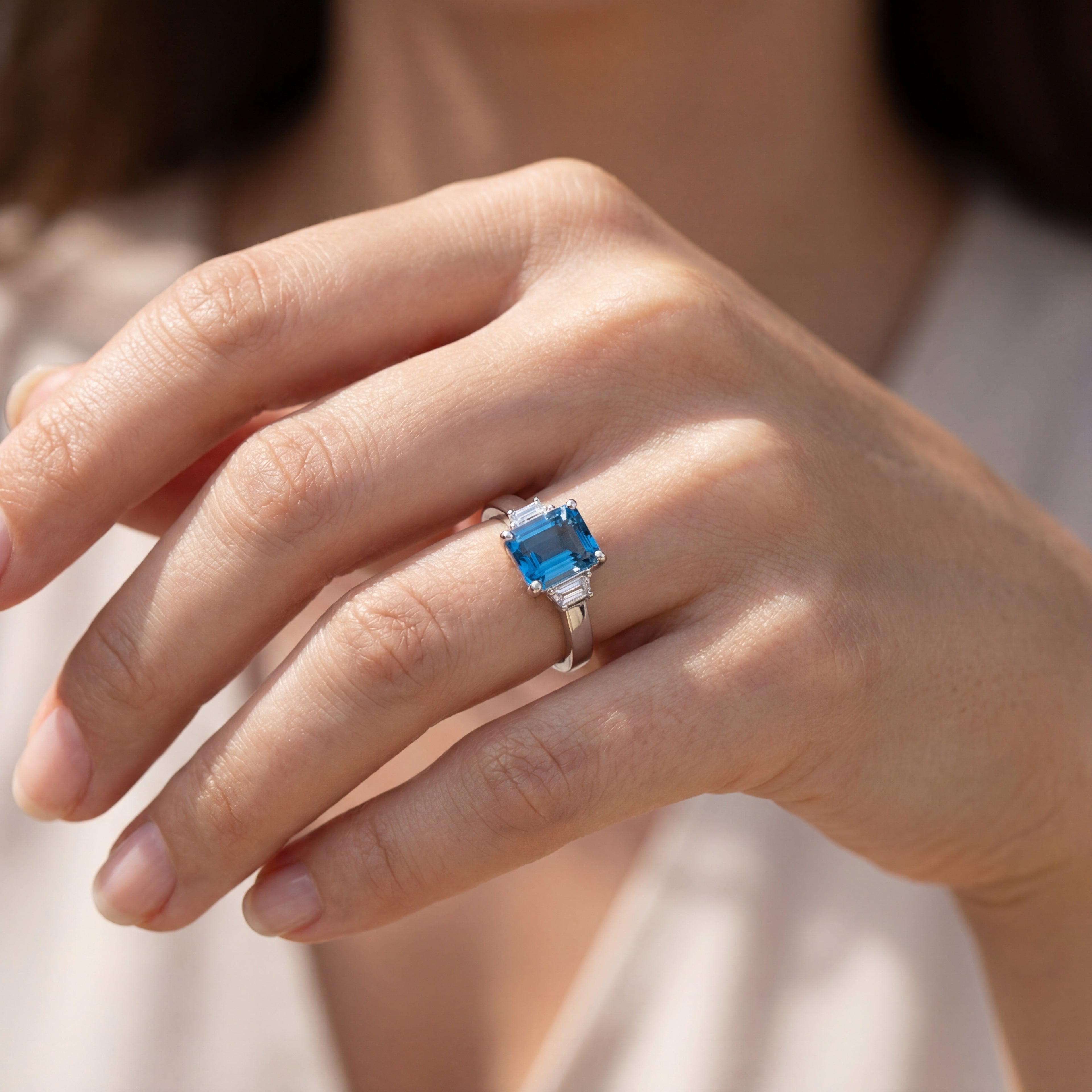Aquamarine Emerald & Tapered Baguette Trilogy Ring