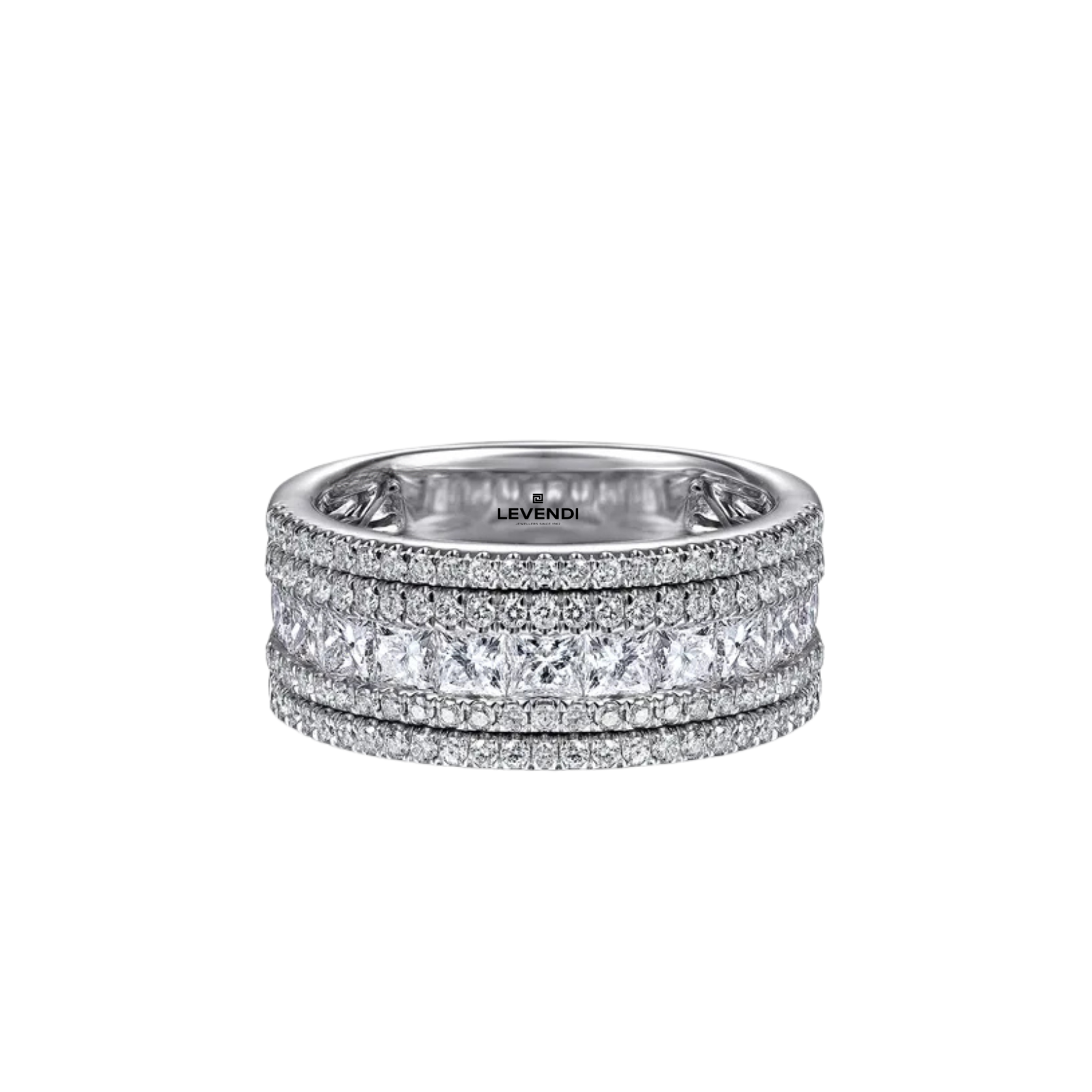 White Gold Channel Set Diamond Band with Round and Princess Cut Diamonds.