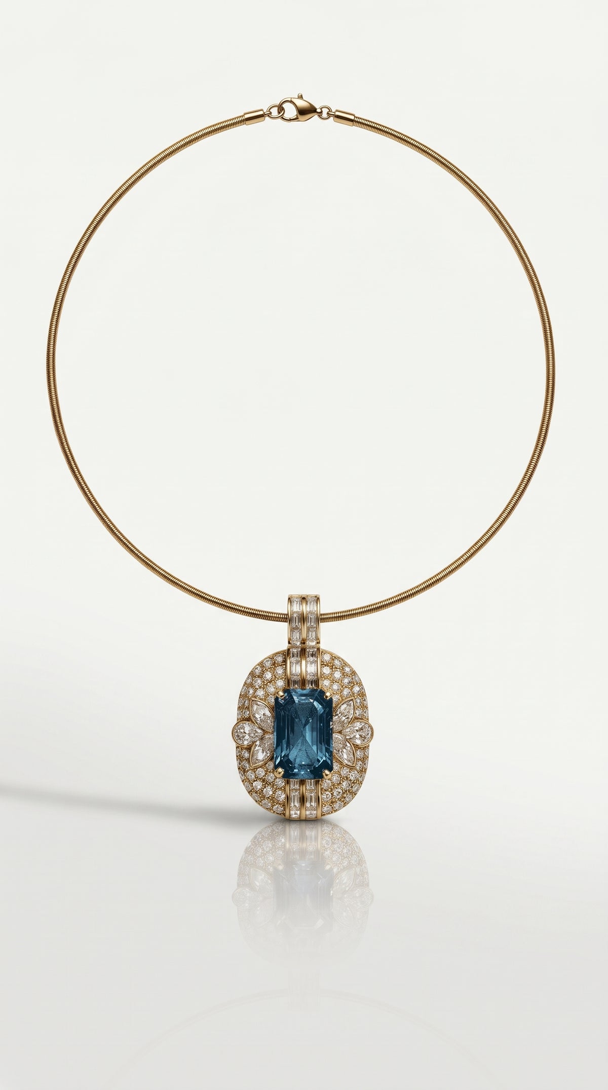 Sophia Levendi – Aquamarine & Diamond Necklace – front view, yellow gold