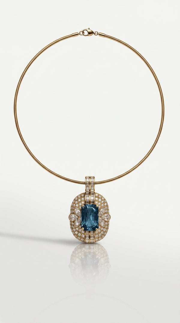 Sophia Levendi – Aquamarine & Diamond Necklace – front view, yellow gold
