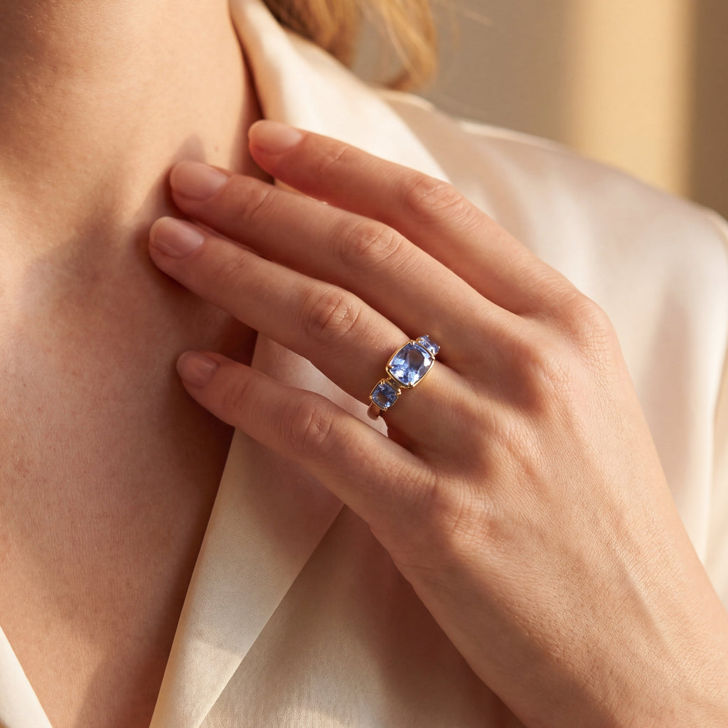 Levendi Wave of Love - 3 Cushion Cut Sapphire Engagement Ring, view 2 — Levendi Jewellers