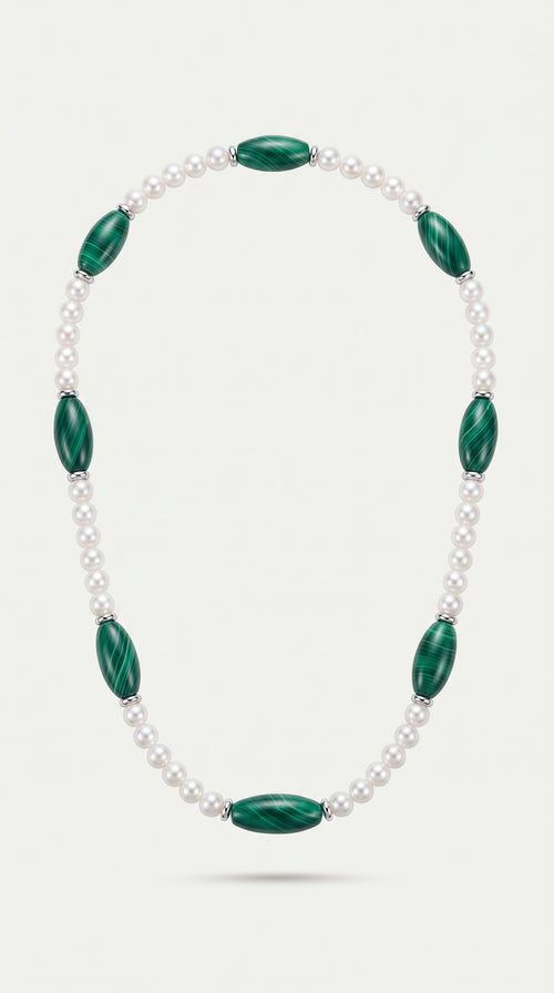 Akoya Pearl & Hand Cut Malachite Strand Necklace — Levendi Jewellers
