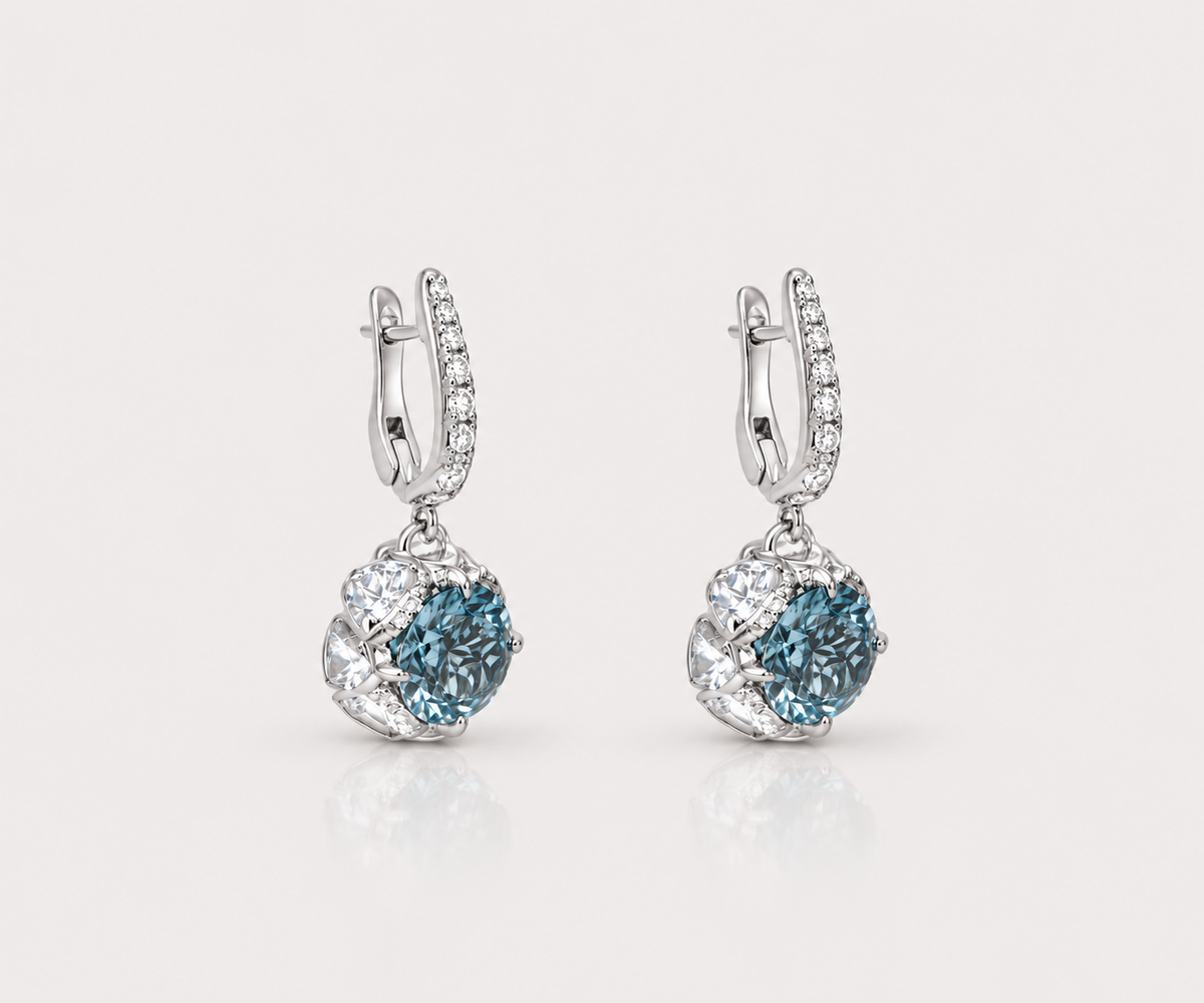 Aquamarine & Blue Topaz Diamond Drop Earrings – angled