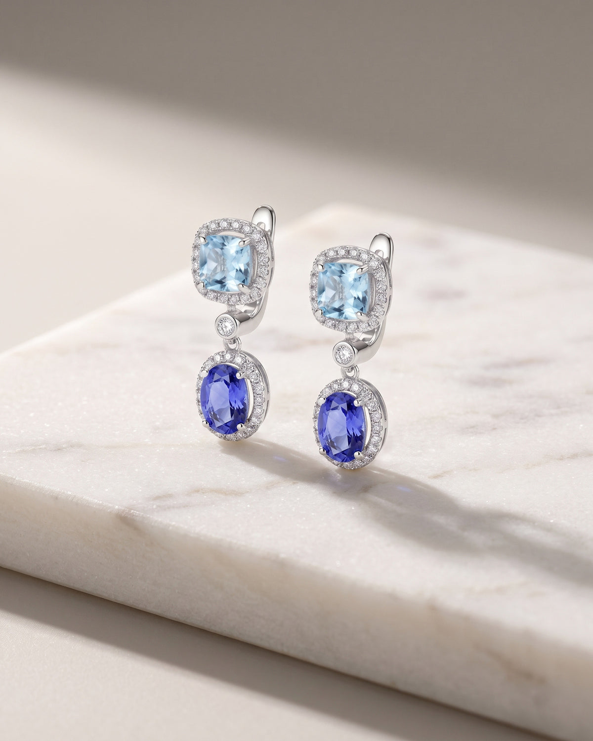 Aquamarine & Tanzanite Drop Earrings — Levendi Jewellers