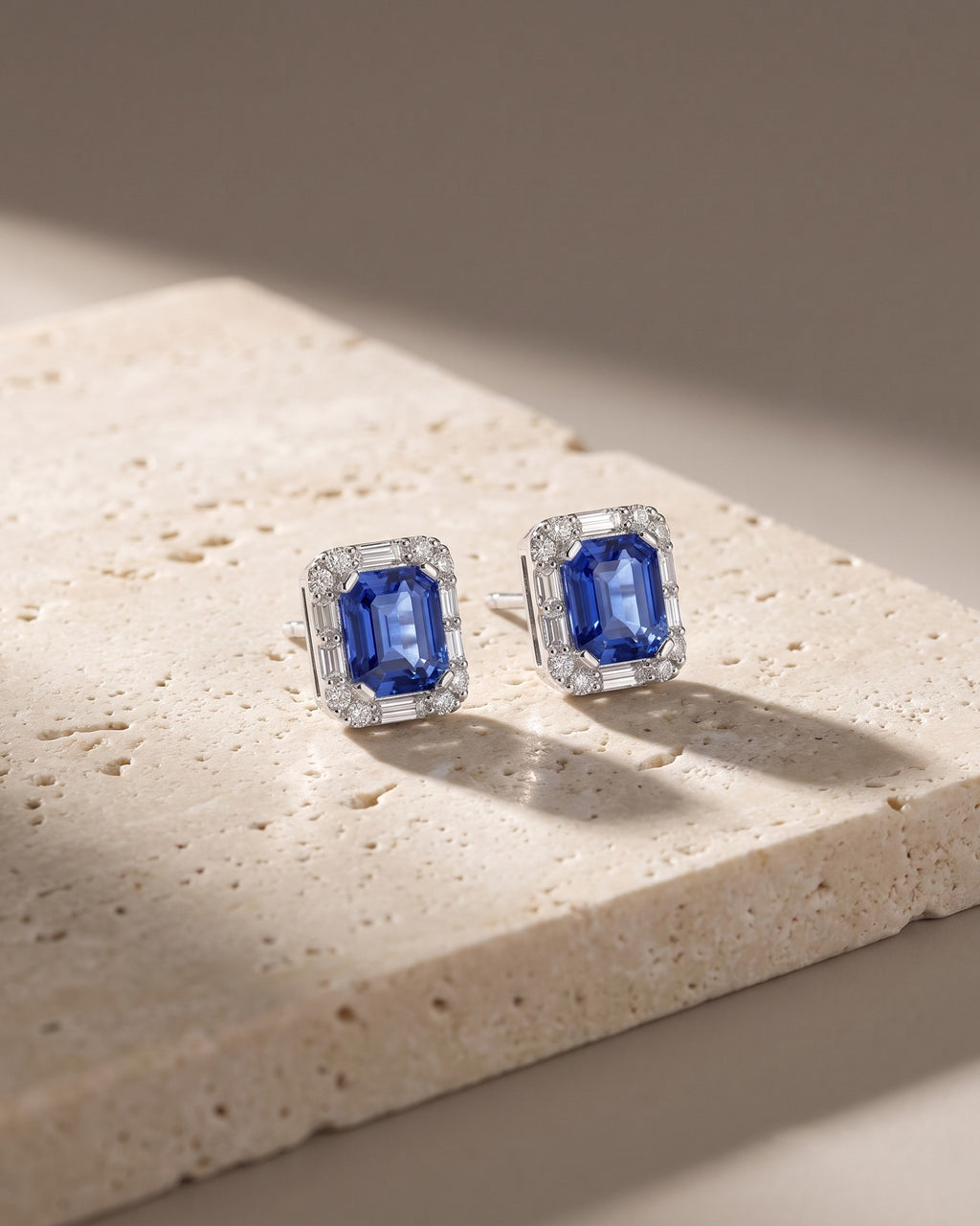 Ceylon Sapphire & Baguette Halo Earrings — Levendi Jewellers