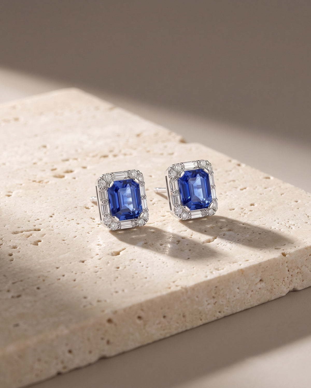 Ceylon Sapphire & Baguette Halo Earrings — Levendi Jewellers