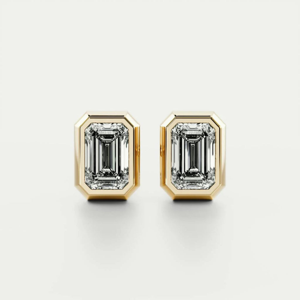 Classic Bezel Emerald Cut Diamond Studs Earrings