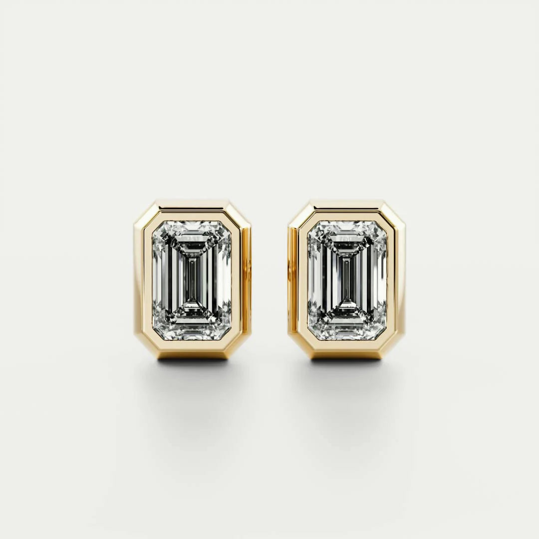 Classic Bezel Emerald Cut Diamond Studs Earrings
