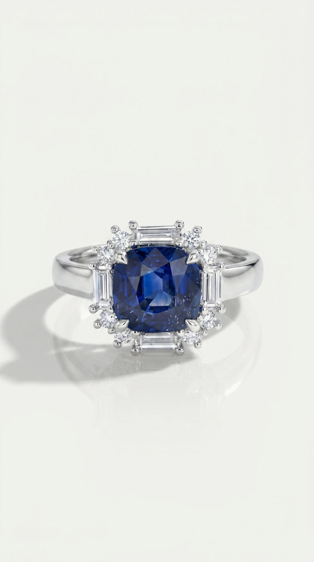 Cushion Cut Blue Sapphire Baguette Halo