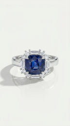 Cushion Cut Blue Sapphire Baguette Halo