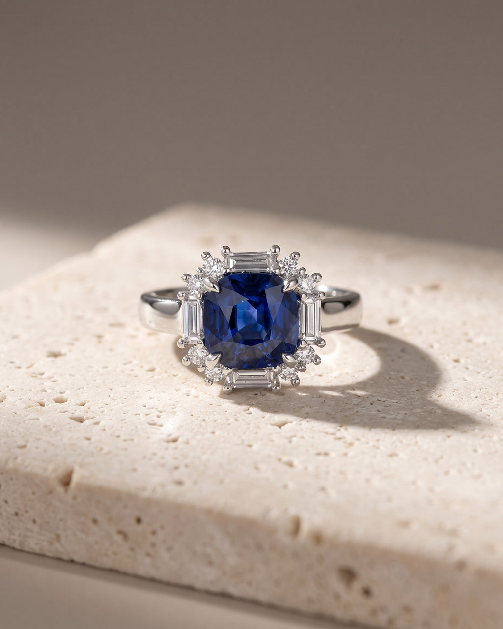 Cushion Cut Blue Sapphire Baguette Halo — Levendi Jewellers