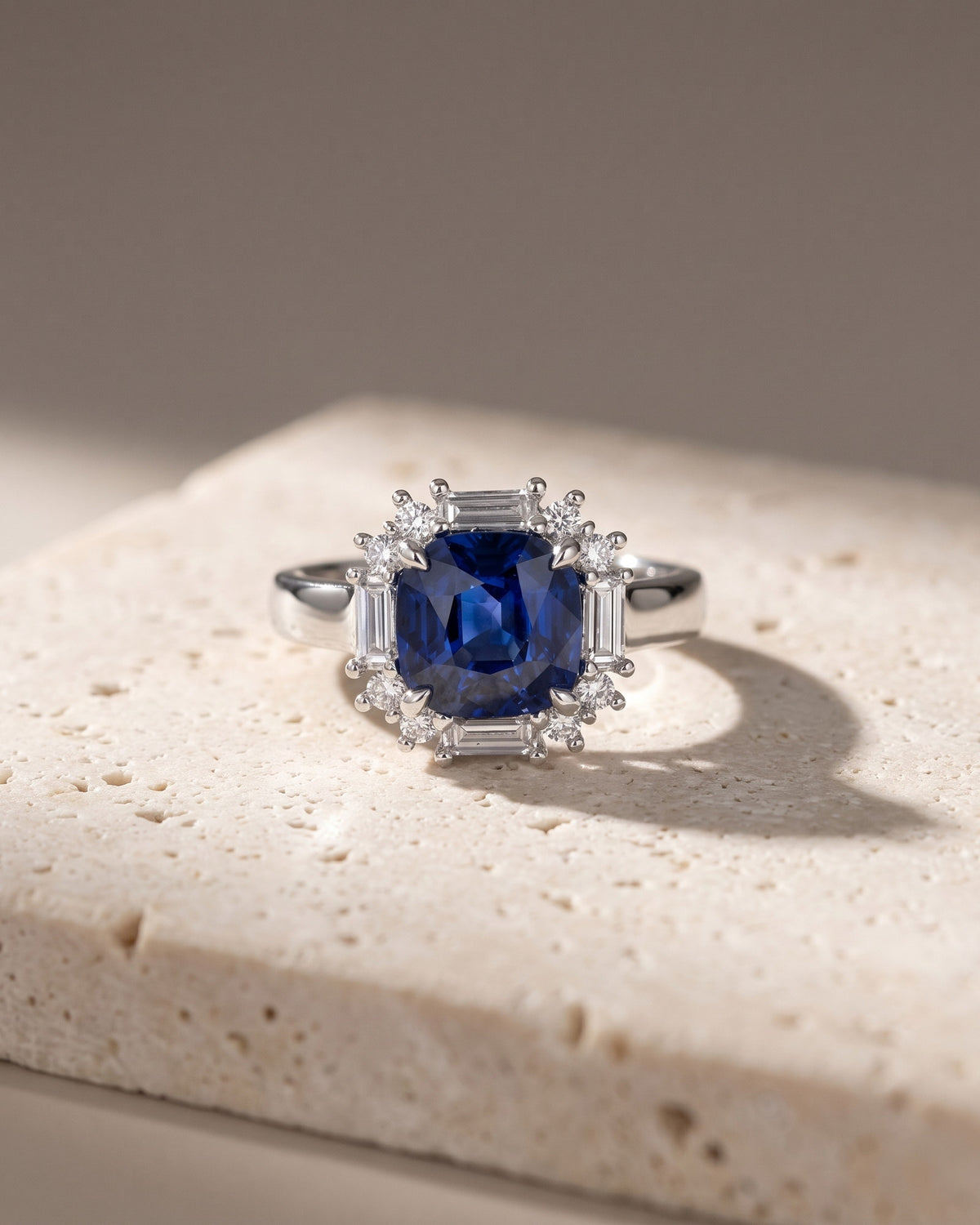 Cushion Cut Blue Sapphire Baguette Halo — Levendi Jewellers