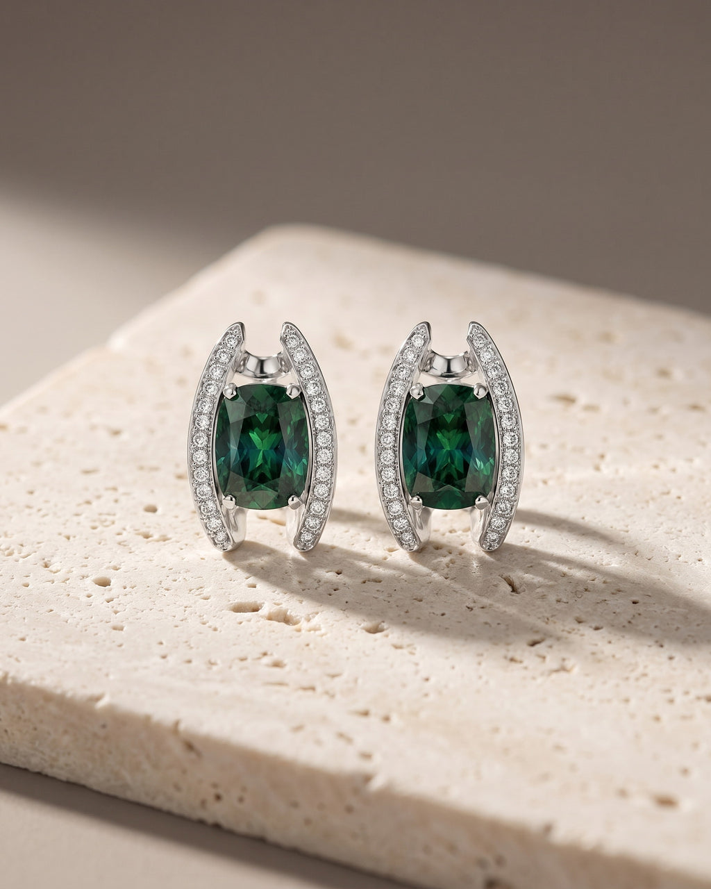 Cushion Green Tourmaline & Diamond Earrings — Levendi Jewellers