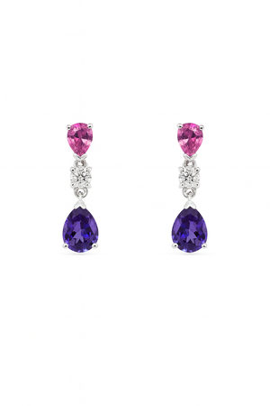 Pink Sapphire, Diamond & Tanzanite Drop Earrings